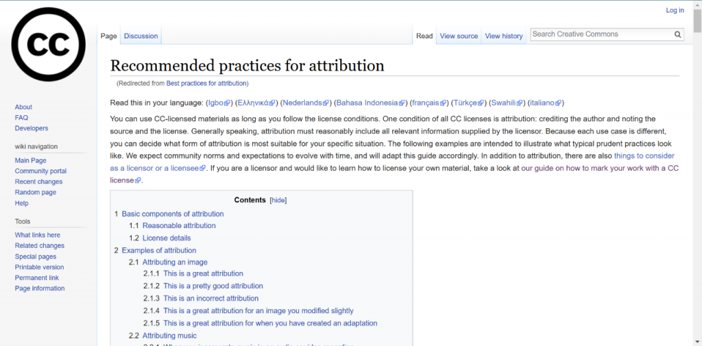 screenshot of the Recommended Practices for Attribution CC wiki page