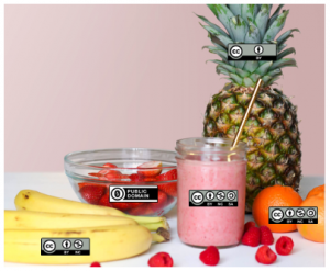 Fruit smoothie ingredients, each overlaid with a different CC license - a generic visualization of the "smoothie" metaphor described in the text.