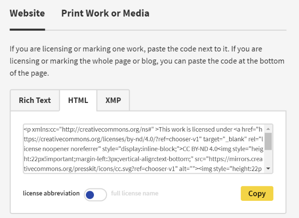 screenshot of machine readable text from CC License Chooser